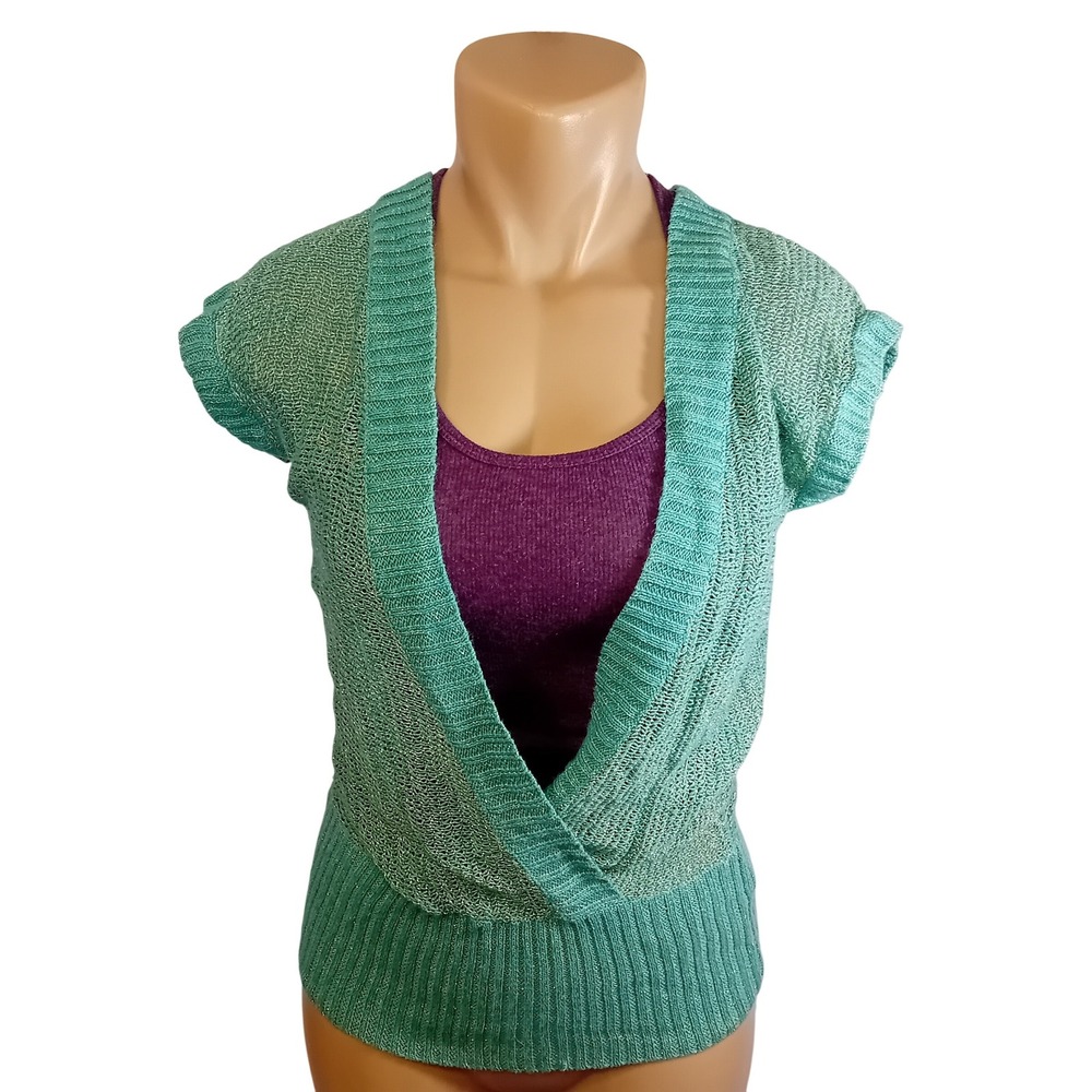 Vintage 90s Old Navy Aqua Sparkle Deep V Neck Short Sleeve Sweater Knit S READ